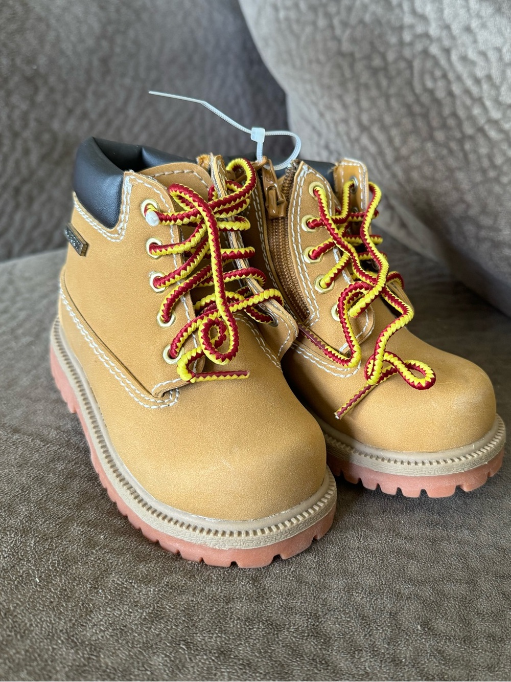 smartfit Tan Kids work hiking Boots with Red & Yellow Laces - timberland dupes